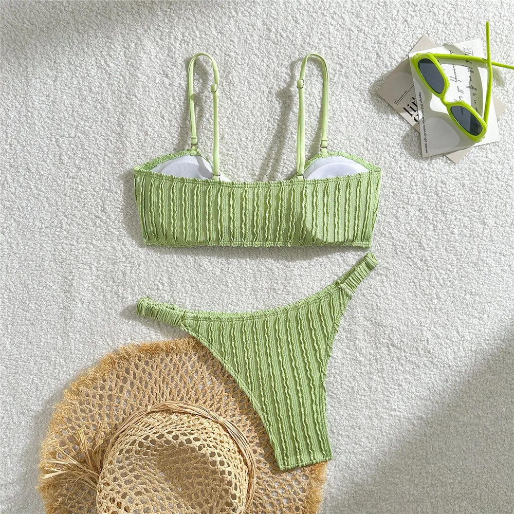 Light Green Wrinkled Micro Thong Sexy Bikinis Sets Swimsuit Women 2026 Front Lace-up Swimwear Bikini Mujer Biquinis Bathing Suit