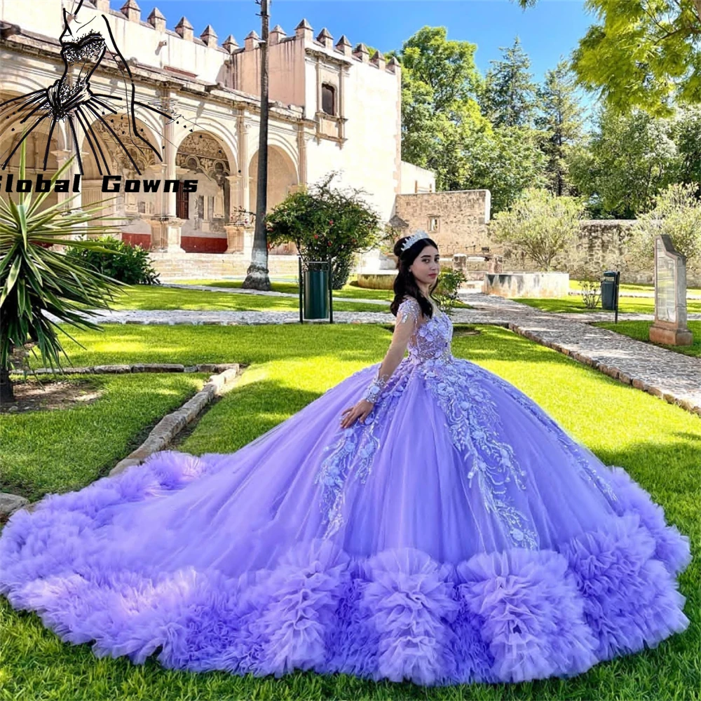 

Purple Sweetheart Ball Gown Quinceanera Dress Beaded Appliques Birthday Party Gowns 3D Flowers Ruffles Sweet 16 15 Robe De Bal