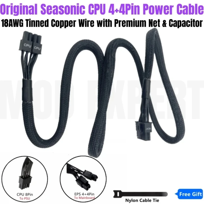 Original Seasonic CPU Modular Power Cable 8Pin to 4+4Pin Sleeved for PRIME Platinum PX-1600 PX-1300 PX-1200 PX-1000 PX-850 PSU