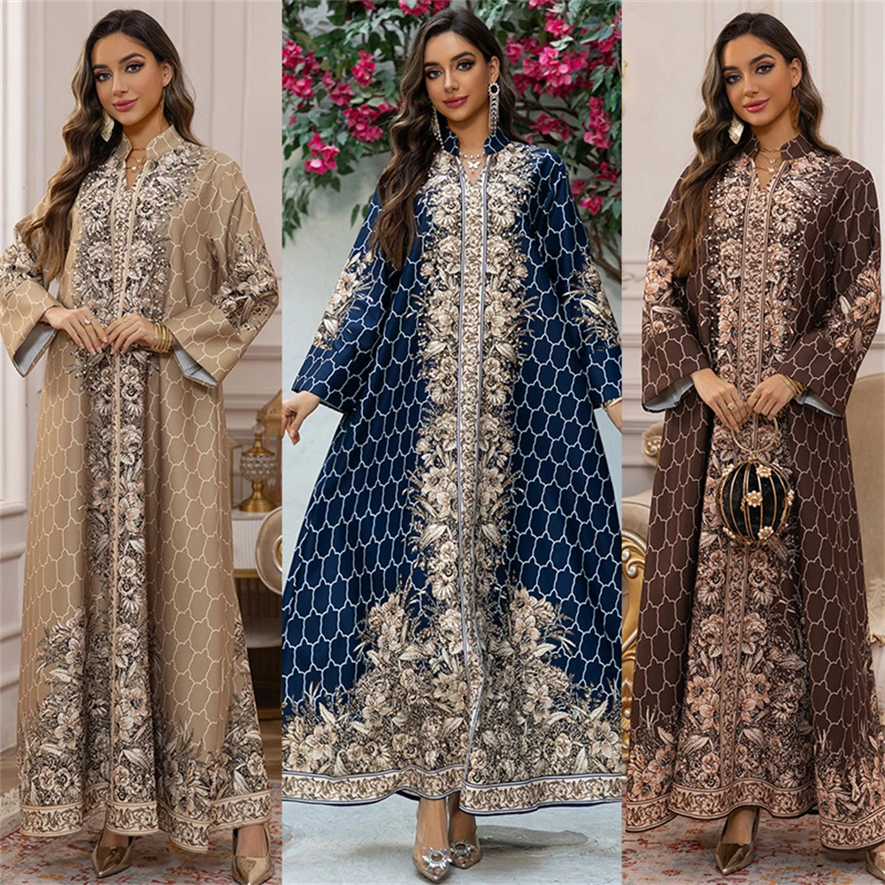 

Muslim Printed Abaya Women Diamonds Dress Stand V-neck Djellaba Ethnic Middle East Long Robe Loose Kaftan Eid