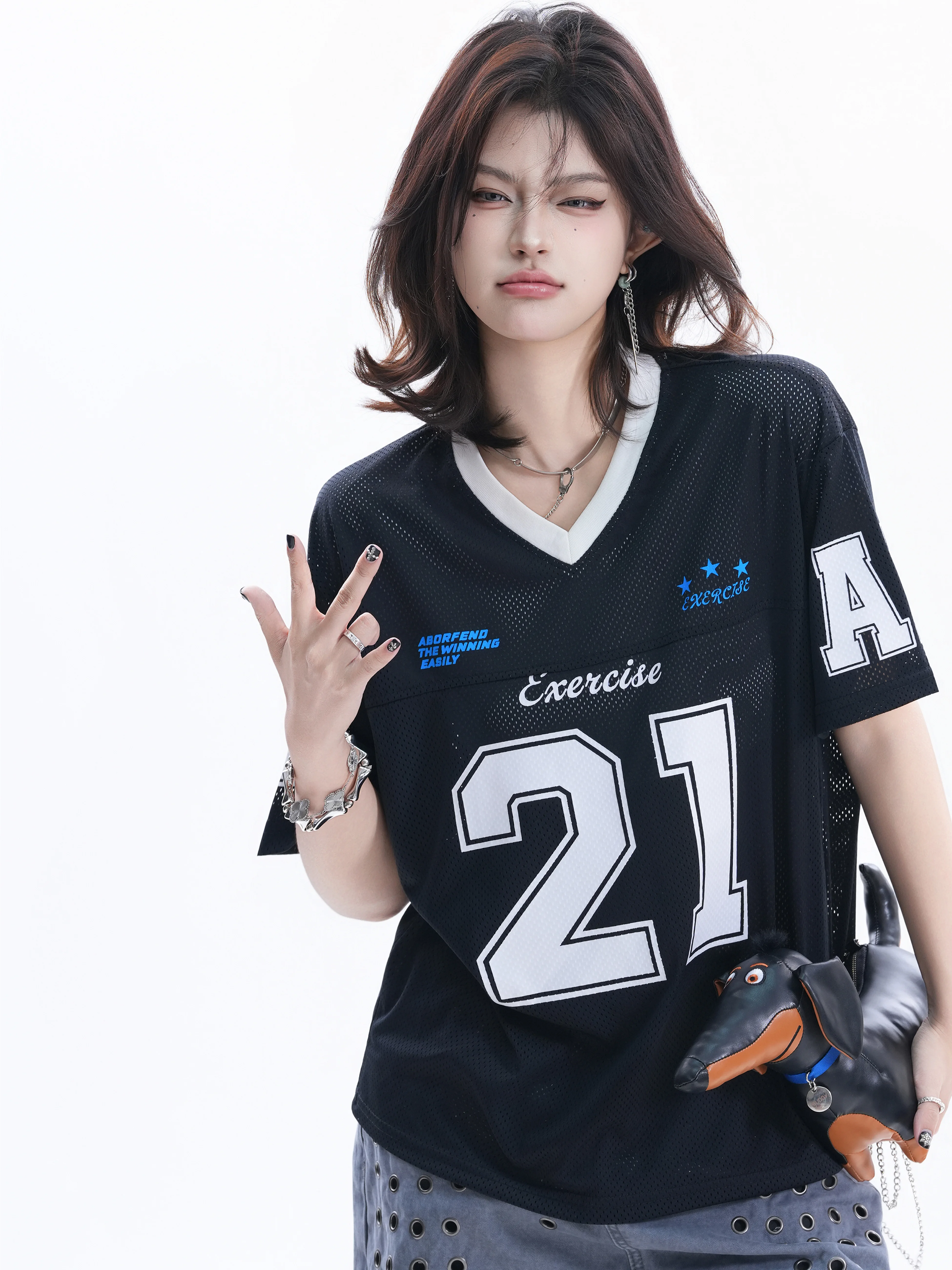 

Retro American Style Women's Loose Short Sleeve T-shirt Digital Print Casual Top Breathable Mesh V-neck Pullover Summer Fashion