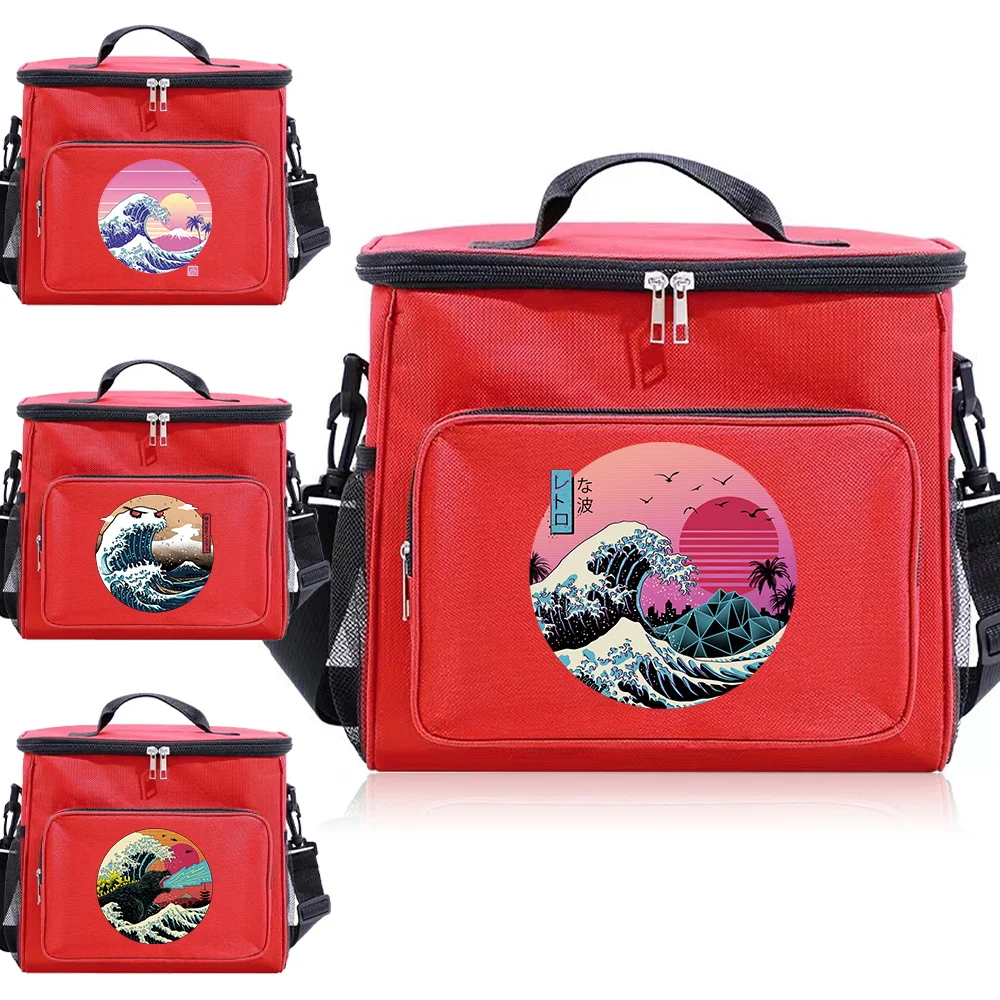 

2024 Cute Thermal Lunch Bag for School Children Pink Color - Waterproof Food Storage Dinner Box Wave Printing Series