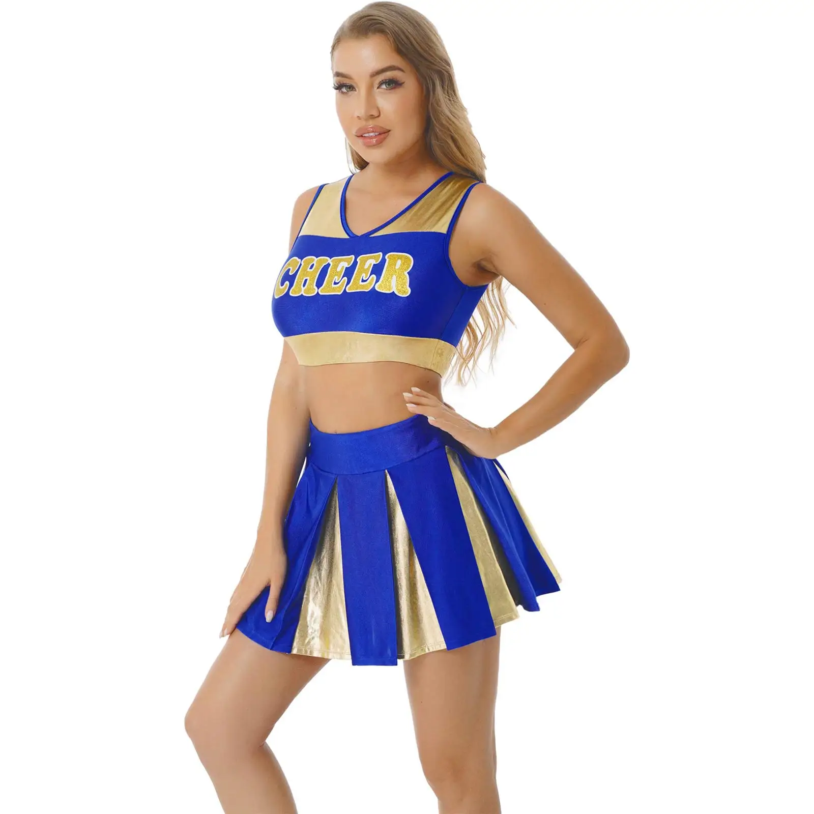 Womens Cheerleading Uniform Cheerleader Dance Outfit Shiny Letter Printing V Neck Sleeveless Crop Top with Pleated Mini Skirt