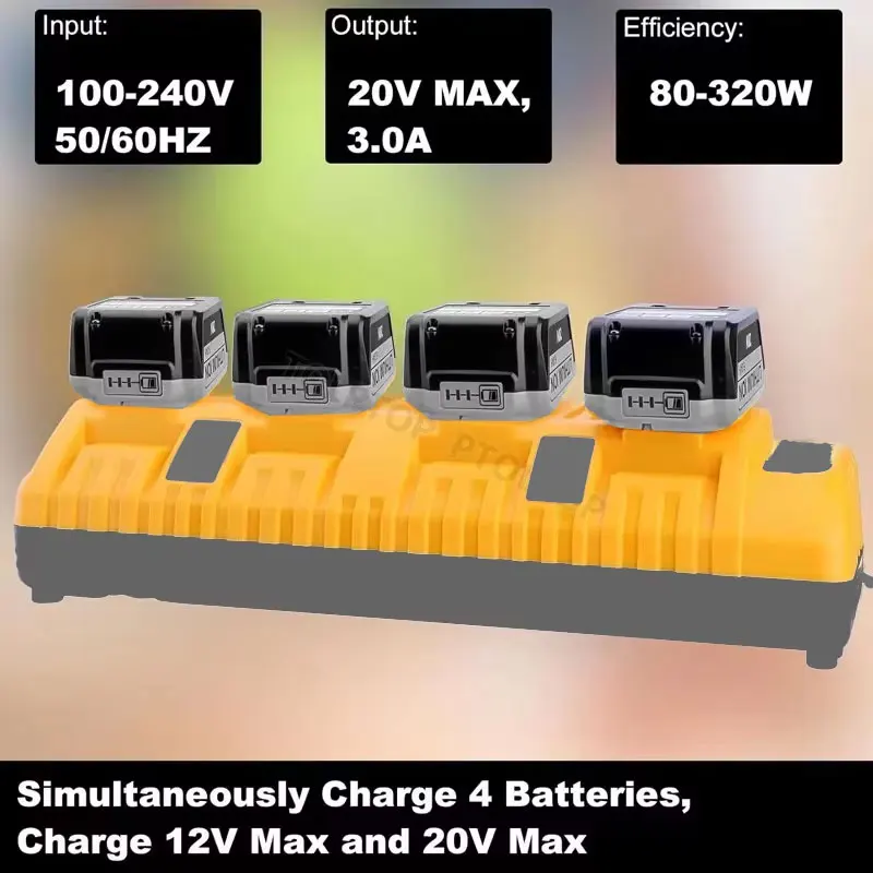 4-Ports 3A Current Rapid Charger Replacement  With USB port for Dewalt 12-20V Max Lithium Battery DCB104 DCB120 DCB127 DCB200
