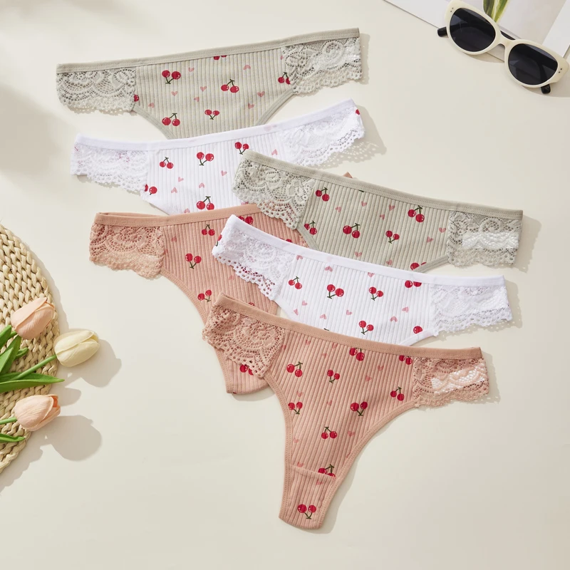 3-teiliger Baumwoll-Tanga, sexy Low-Rise-Damenunterwäsche mit Kirschmuster – vielseitige und bequeme Höschen