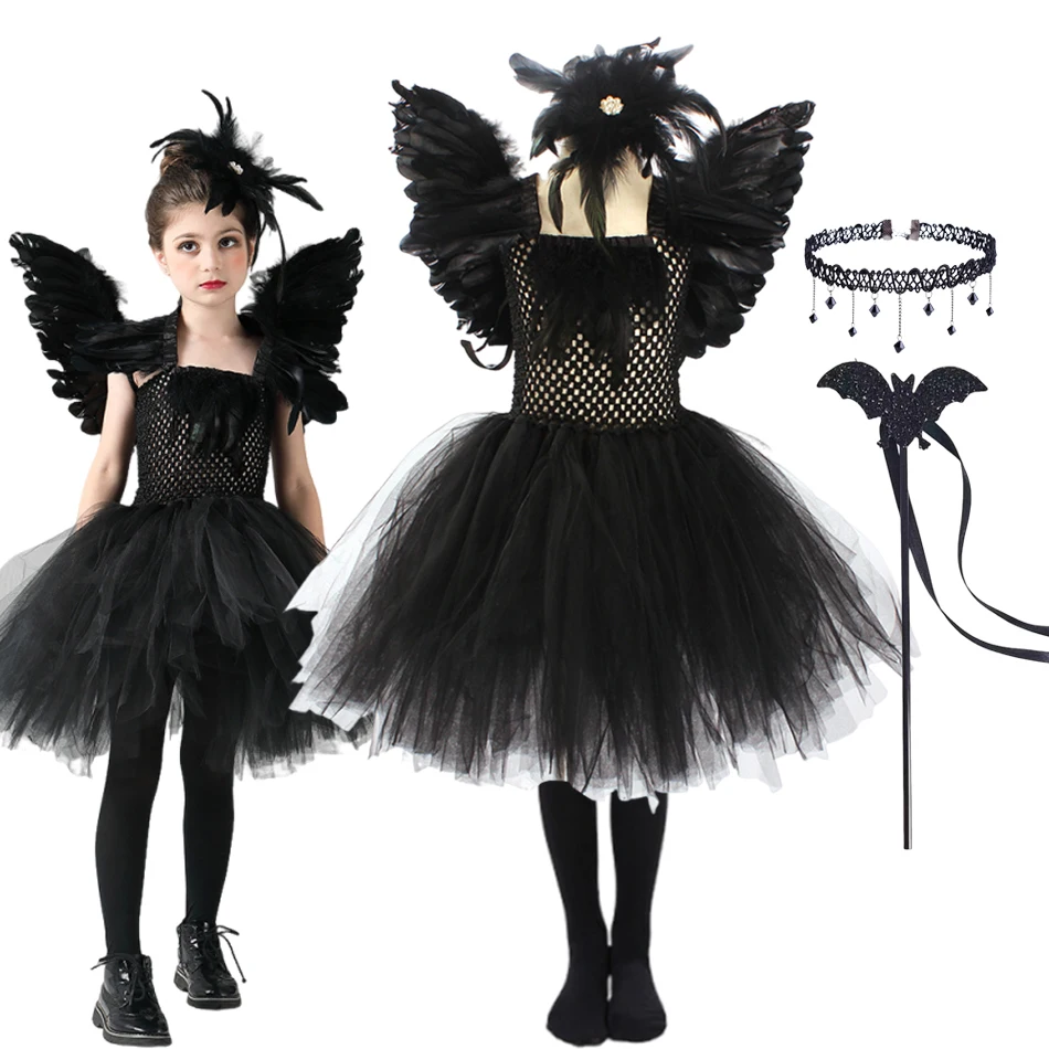 

Girl Maleficent Dark Queen Halloween Cosplay Christmas Dress Carnival Party Costume Deluxe Black Glam Kids Clothes