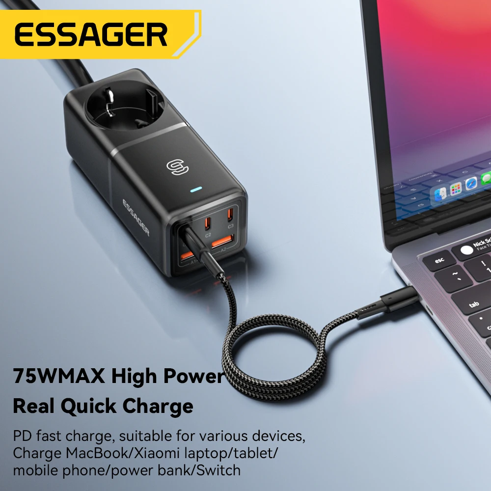 Essager 75W GaN Desktop Charger Quick Charge 65W USB Type C Fast Charging Station For MacBook iPhone Xiaomi iPad Samsung Laptop