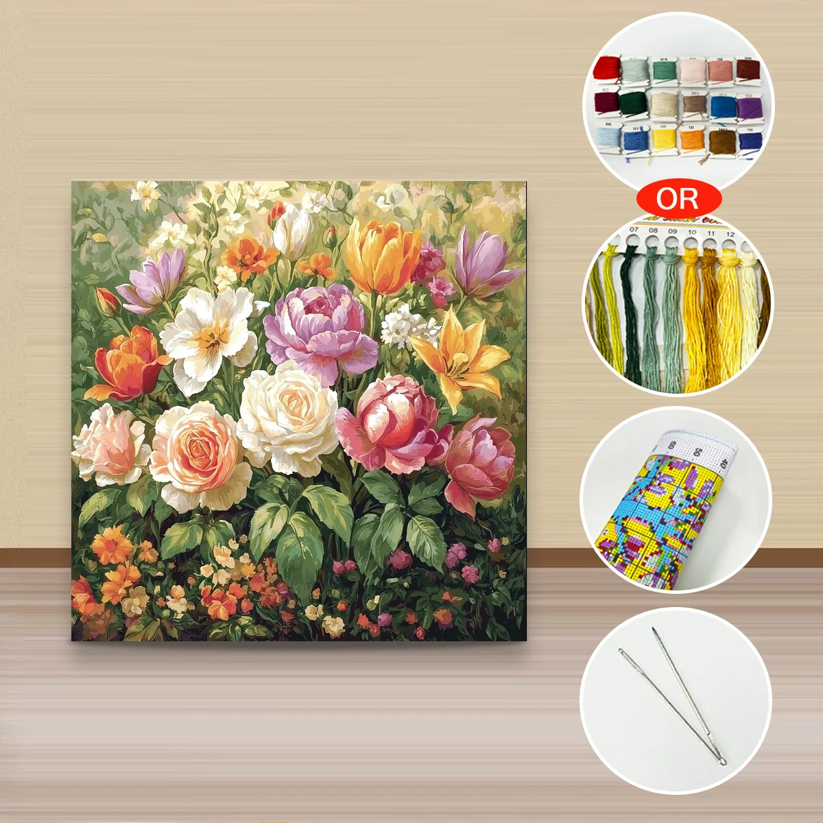 1 Stück 40x40 cm/15,74 Zoll, 11CT/14CT Kreuzstich-Set, DIY Valentinstagsgeschenk, Stickerei-Set für Festlichkeiten, Buntes Blumenfeld – Detail 2