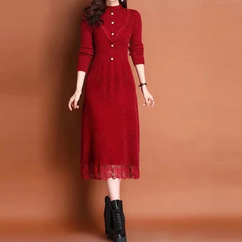 Women Autumn and Winter Korean New Fashion Elegant Half High Collar Sweater A-line Skirt Lace Button Spliced Long Sleeves Dress