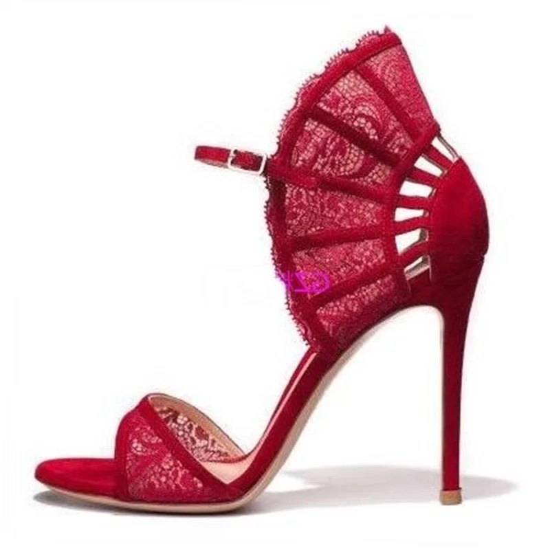 

Sexy Red Lace Women Sandals Ankle Fan-shaped High Heels Shoes Peep Toe Cut-out Patchwork Ladies Dress Shoes STretch Fabric