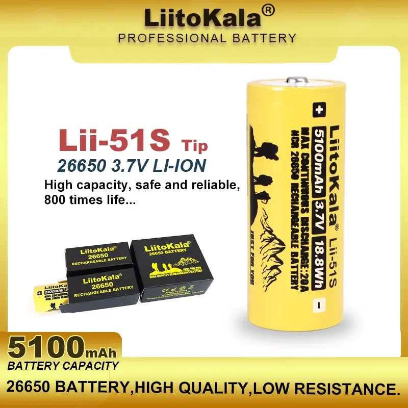 Liitokala Lii-51S With Tip 26650 20A Rechargeable Battery, 26650A Lithium Batteries 3.7V 5100mA  Suitable For Flashlight