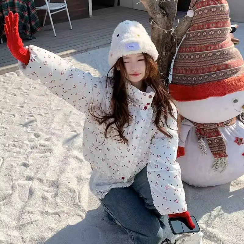 Sweet Wind Japanese Cotton-padded Jacket 2025 Winter Thick Bow Printed Cotton-padded Jacket Short College Wind Coat