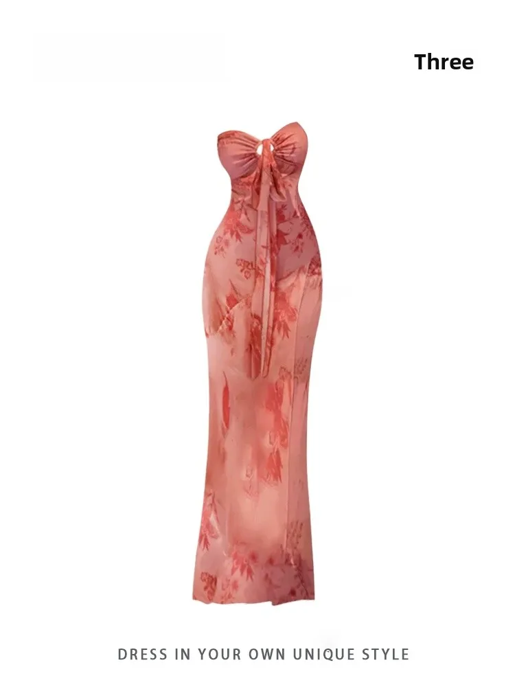 HEZA Sexy Printed Strapl Long Dr Women Summer Vaion Casual Floral Tie Waist Gown plus Size Faion Ele Draped
