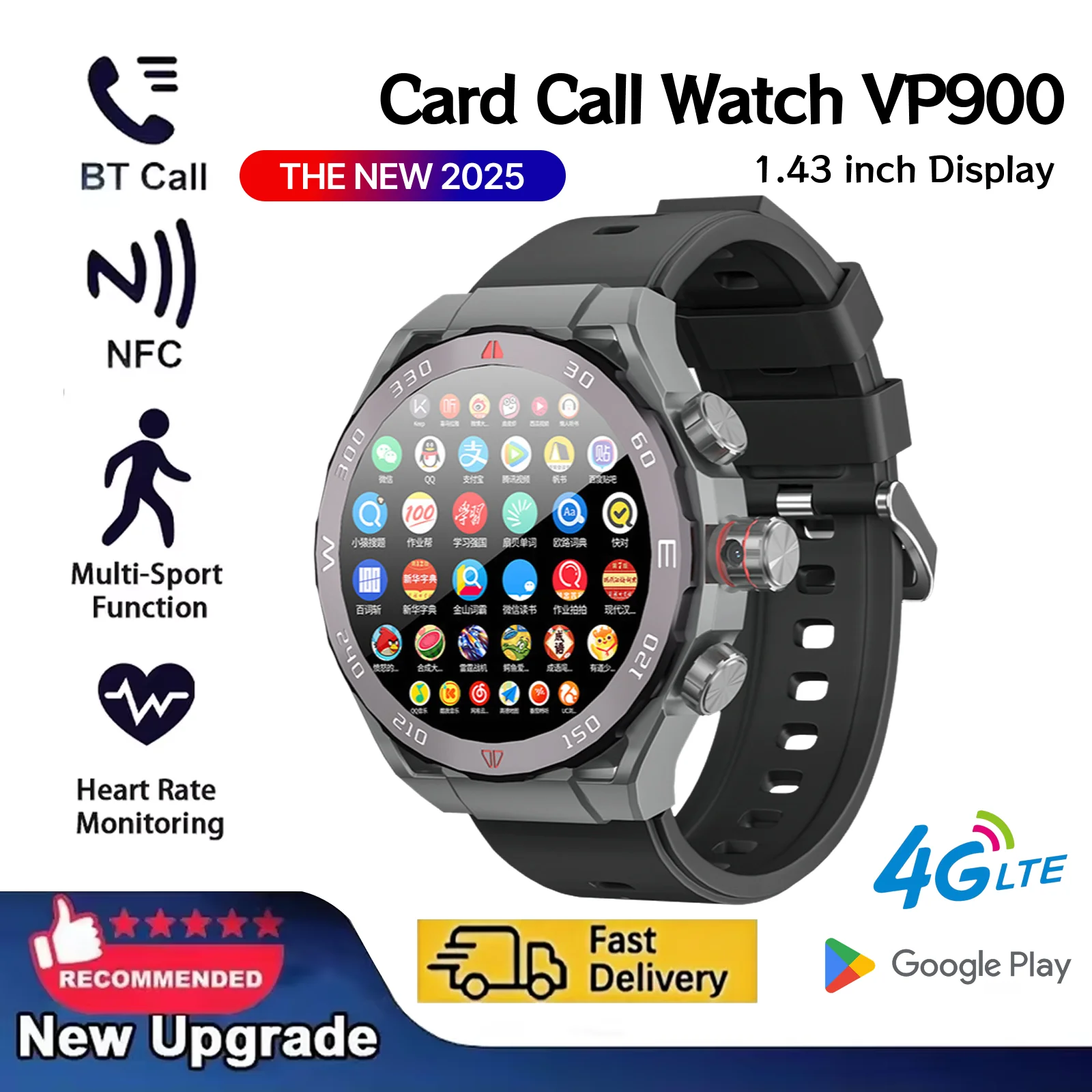 

VP900 5G LTE Smartwatch Двойная SIM-карта Независимый вызов 1080p HD Видеочат NFC Оплата 3D Разблокировка лица GPS + ГЛОНАСС Двойная навигация