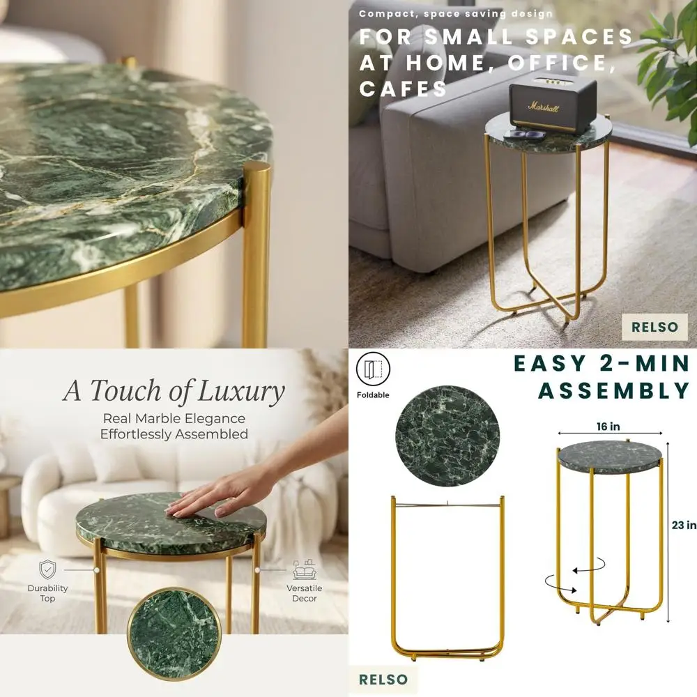 

24 High Round Green Marble Top Side Table with Gold Metal Frame for Modern Living Rooms and Small Spaces