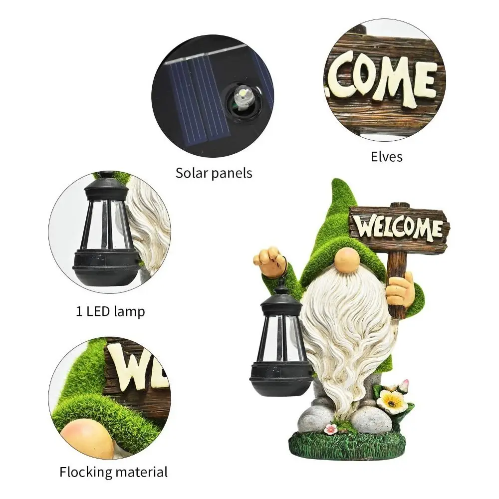 Resin Dwarf Statue Solar Light Solar Power LED Light Door Welcome Sign Dwarf Elf Statue Ornament Crafts Creative Gnome