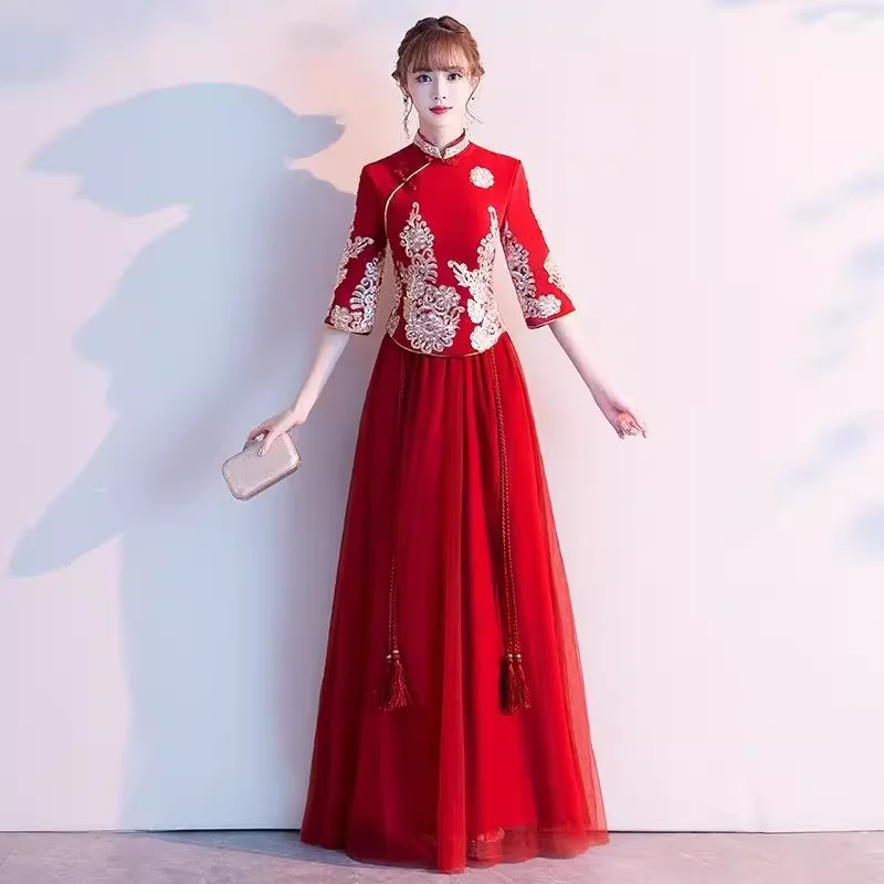 Toast dress bride 2020 winter Chinese style long women's wine red wedding Chinese cheongsam evening dress skirt female