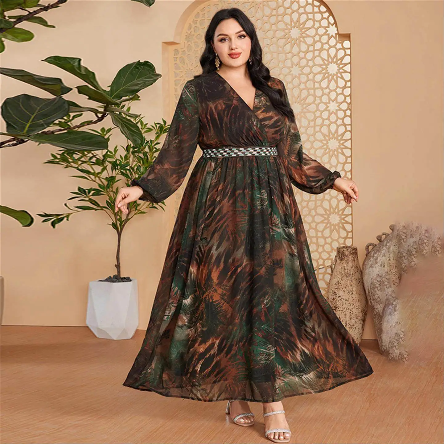 

Ele V-Ne Print A-Line Dr Middle East Women's Faion Long Sve Lantern Sve Midi Dr for Formal Ocns
