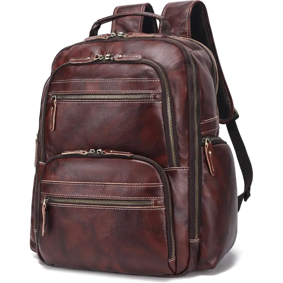 حقيبة ظهر كلاسيكية من الجلد المحبب بالكامل للرجال مقاس 17.3 بوصة حقيبة كمبيوتر محمول كاجوال حقيبة كتف طوال الليل للأعمال/المشي لمسافات طويلة/السفر