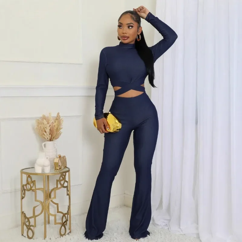 Women Slim Stretch Two 2 Piece Set Turtleneck Long Sleeve Zipper Back Bandage Crop Tops + High Waist Flare Pants Streetwear Suit