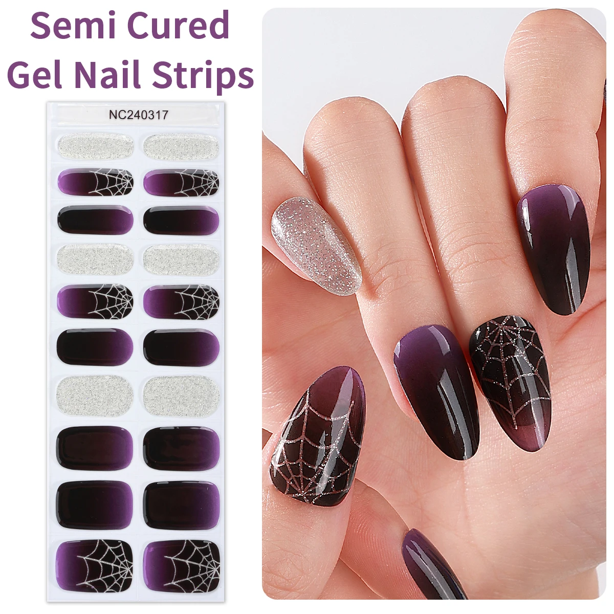 Halloween Semi Curado Nail Gel Tiras, Laranja, Preto, Abóbora, Morcego, Aranha, Etiqueta UV, Pressione em Unhas, Manicure Sliders, 3pcs