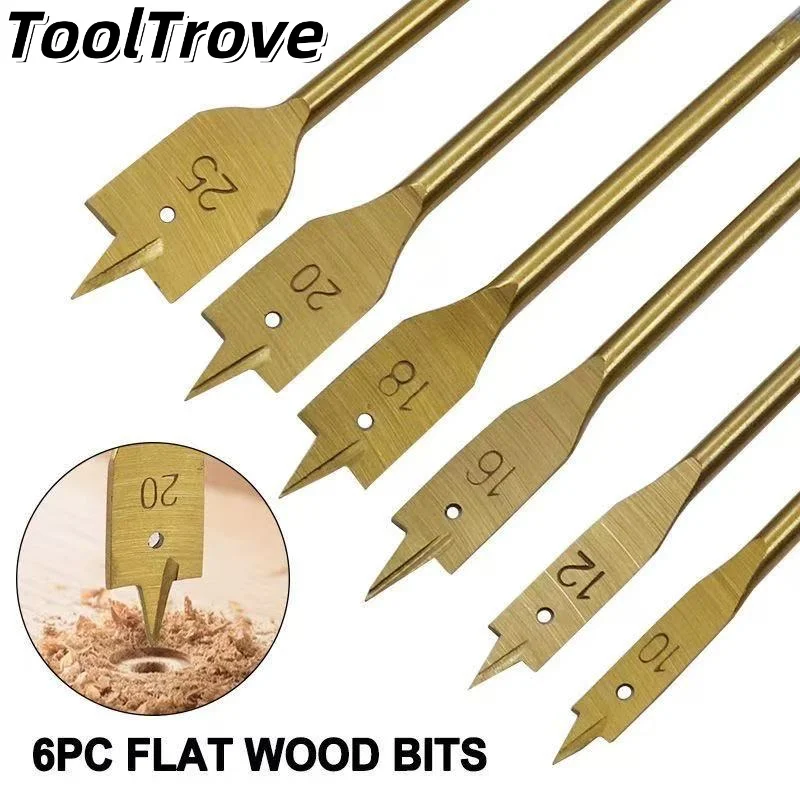 

Набор плоских лопаточных сверл для деревообработки, 6 шт., 10-25 мм, титановые сверла для электрической дрели, специальная кольцевая пила для сверления по дереву