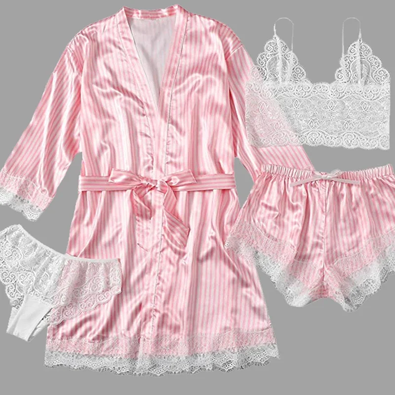 Pyjama en satin imbibé de dentelle à col en V pour femmes, robe commandée, lingerie sexy, peignoir, nœud papillon, ensemble pyjama et short, vêtements de nuit, mode, 4 pièces