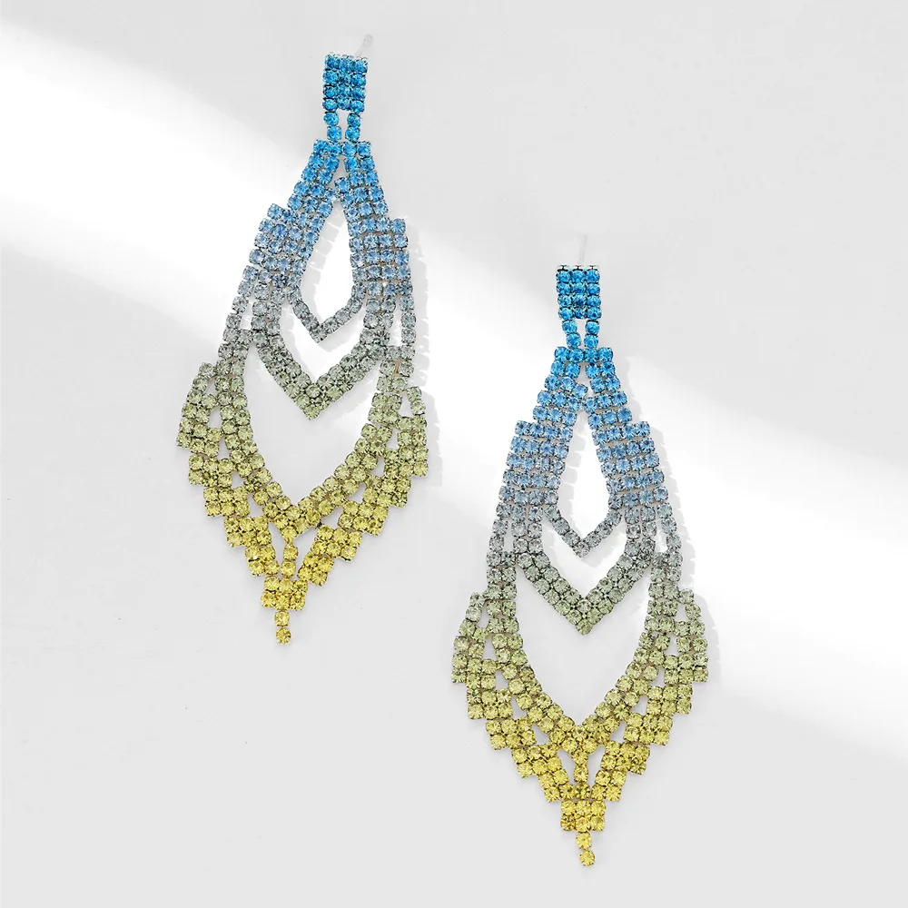Geometric colorful gradual change color hollow full diamond earrings women's high sense temperament earrings ear jewelry earring