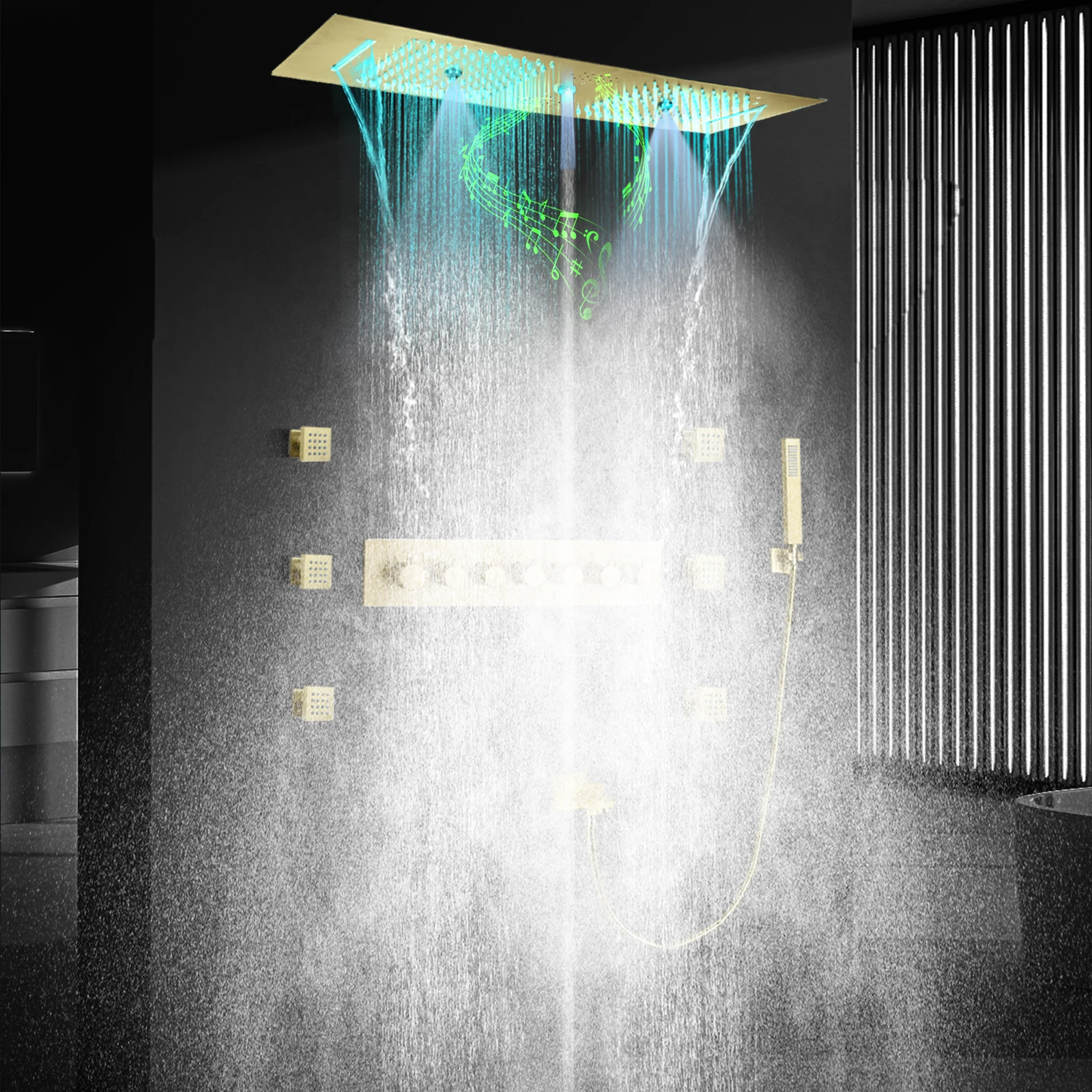 

12*36 Inch Gold Ceiling Rain Shower Head With Hand Sprays Thermostat LED Music Rainfall Shower System Set And Body Jets