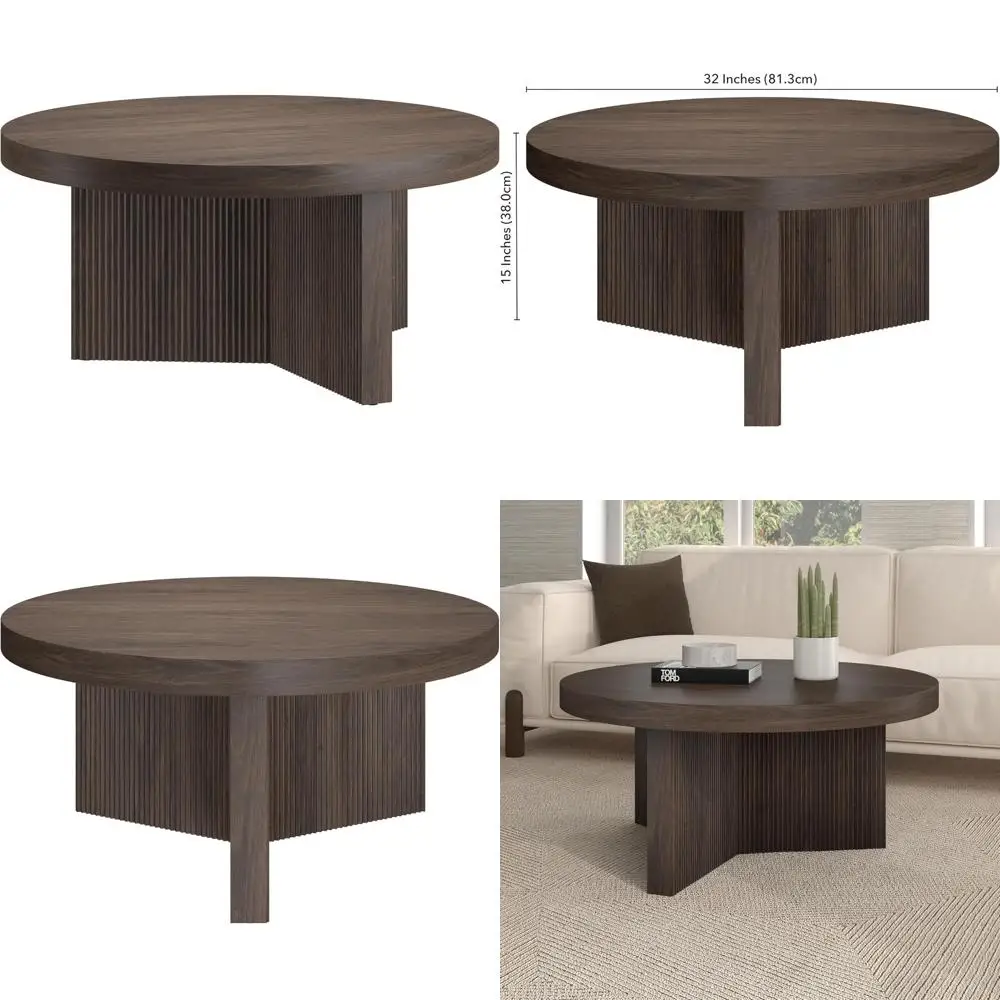 

Round 32-Inch Fluted Wood Coffee Table for Living Spaces, Family Rooms, Offices, and Apartments - Alder Brown Finish