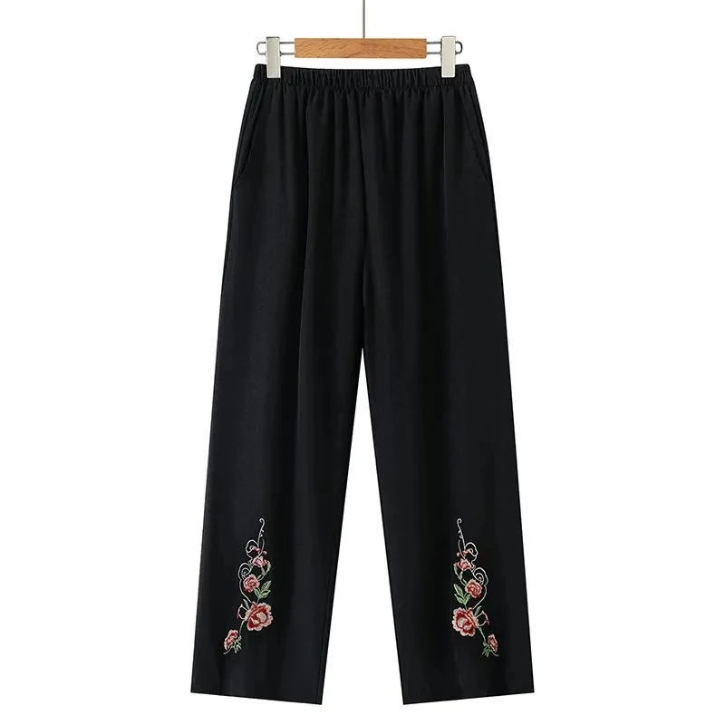 Summer Middle-aged And Elderly Women's long Pants Fashionable Flower Embroidery Straight leg Pants Women Casual loose Thin Pants