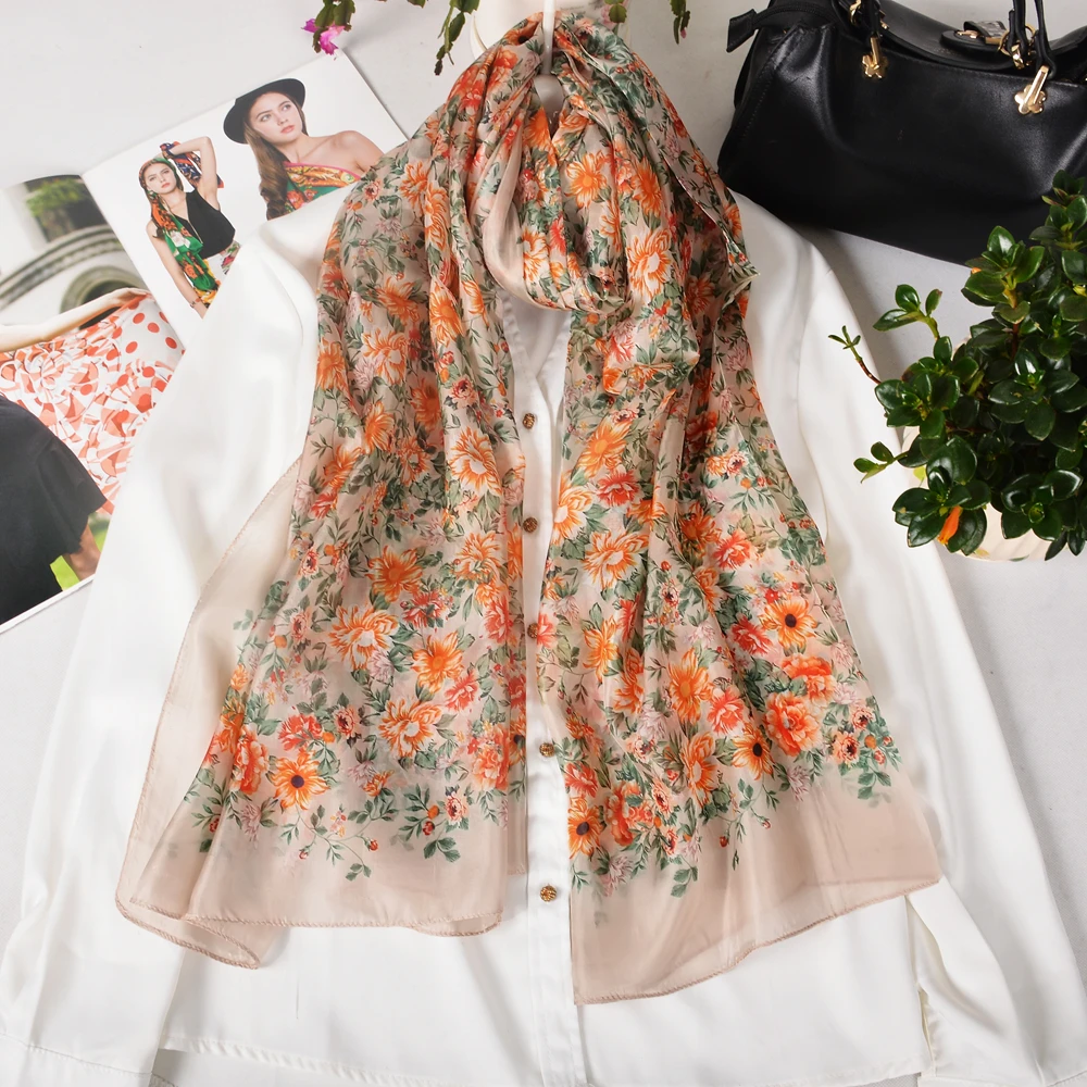 

New Brand khaki 100% Silk Scarf Women Spring Fall Orange Daisy Design Long Scarves Wraps Bufanda Summer Beach Shawls Foulard