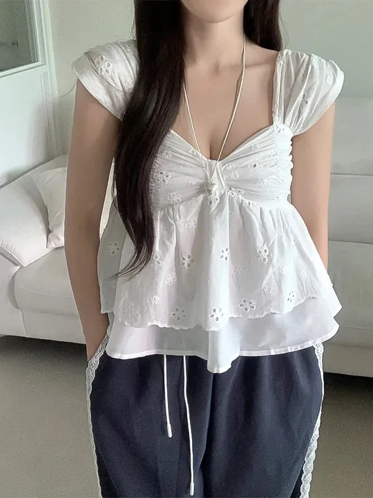 

Korean Sle V-Ne Embroidered Hollow out Strap Top Women's Slim Fit Summer Versatile High-End Feeling Chiffon irt ort Top