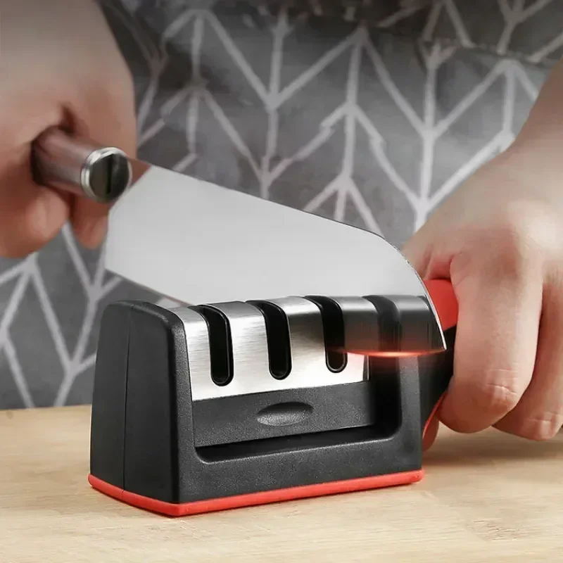 Afilador de cuchillos de cocina de 3 segmentos, piedra afiladora negra multifuncional de mano de tres usos para el hogar