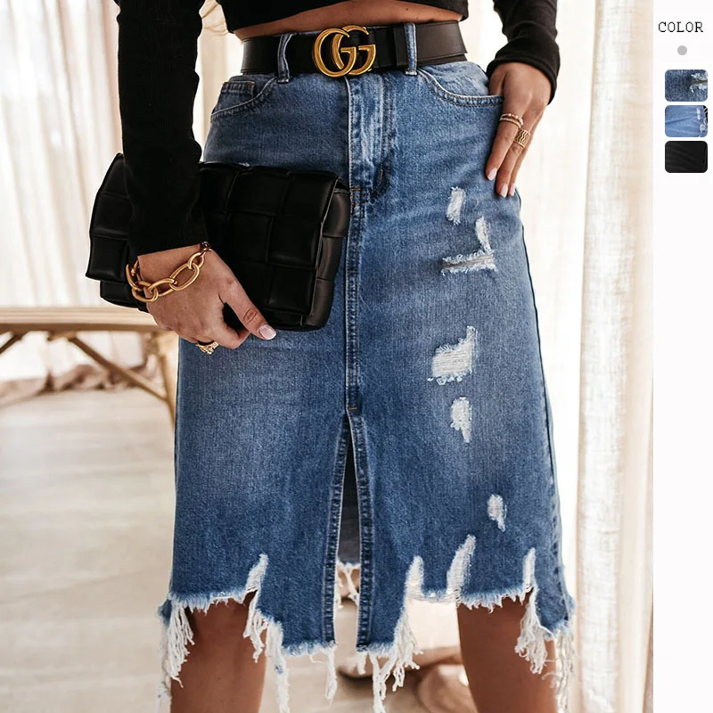 

New for autumn and winter, casual hip skirt, ripped denim skirt.