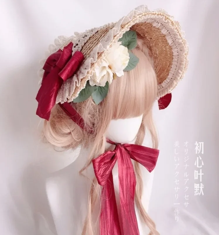 Lolita Girl\'s Elegant Lace Flowers Straw Hat Multi Colored Bonnet Flat Hat
