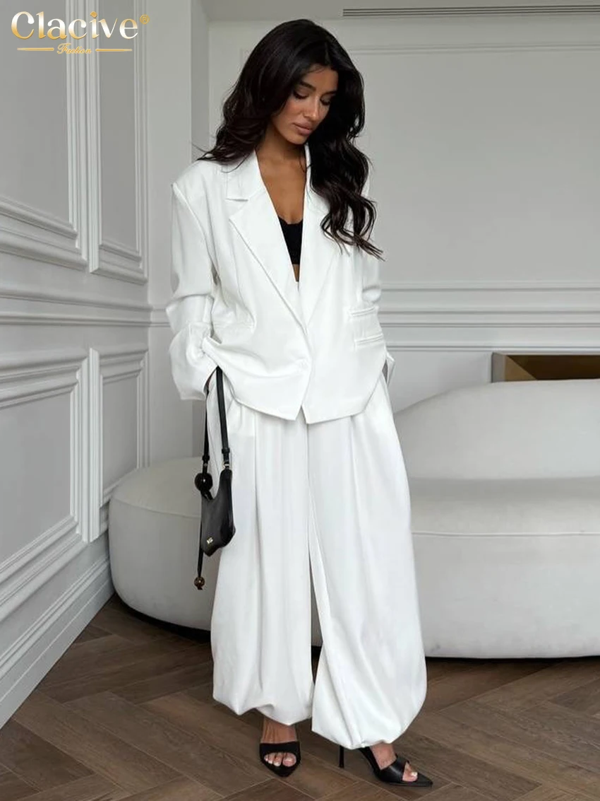 

Clacive Spring Loose White Office Trousers Set 2 Piece Woman 2026 Fashion Long Sleeve Blazer With High Waist Wide Pants Set