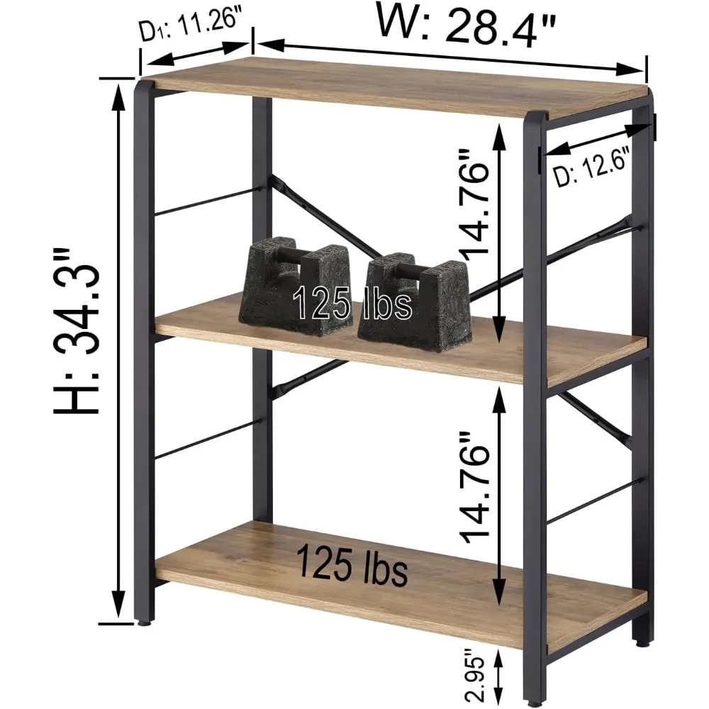 رف كتب ريفي خشبي ومعدني من 3 طبقات للمساحات الصغيرة، لمسة نهائية من خشب البلوط، وحدة رفوف مفتوحة #2