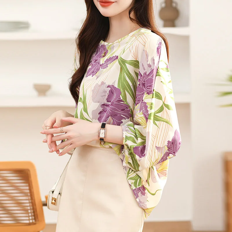 Women Clothing Chic Lantern Sleeve Thin Chiffon Blouse Spring Summer Casual Loose O-neck Printing Shirts Fashion All-match Tops