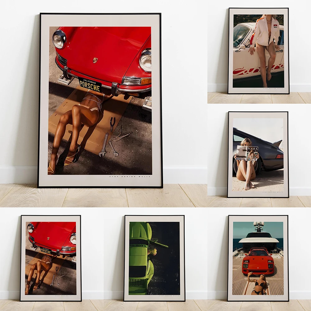 Vintage Luxury Red Supercar F40 Poster And Print Sexy Girl Swimsuit Canvas Painting Sports Car Wall Art Living Room Home Decor