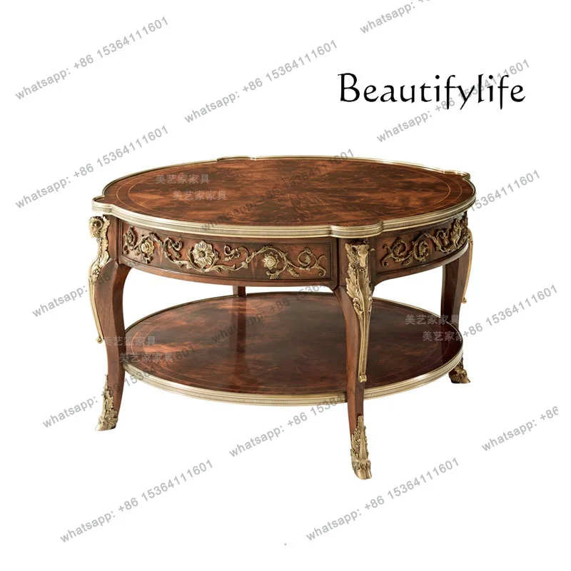

English mahogany round coffee table neoclassical light luxury living room villa furniture high-end fashion