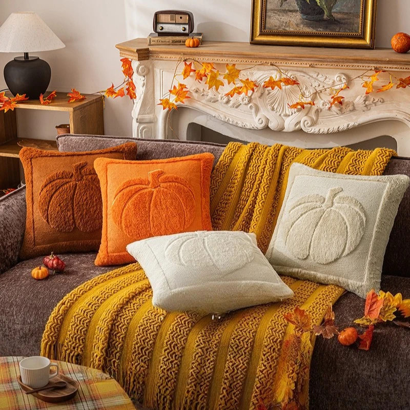 Plush Pumpkin Cushion Cover For Halloween 45x45cm 50x50cm Autumn Decoration Pillow Case Maple Leaf Caramel Mustard Ivory Soft