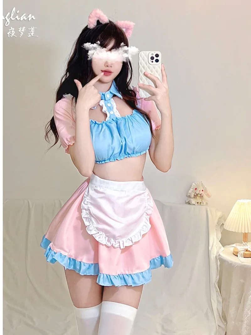 Maid Sexy Cute Cosplay Sweet Dress Women Lovely Lolita Puff Sleeve Anime Temptation Kangaroo Pocket Puff Sleeve Patchwork HOV6