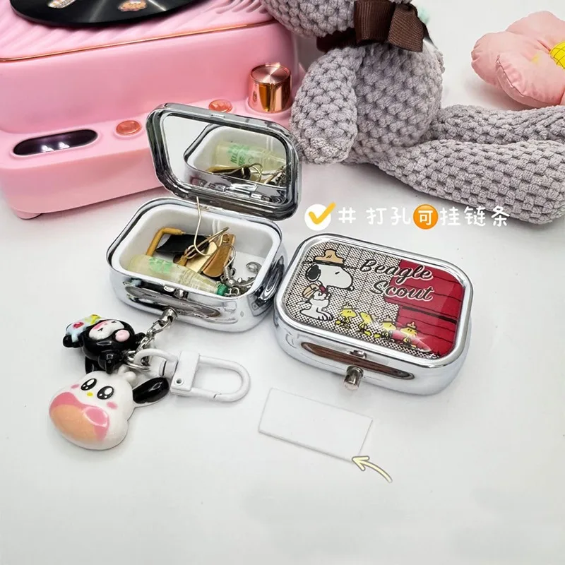 Snoopy Jewelry Storage Box Portable Earring Case for Women Small Object Organizer with Mirrors Cartoon Mini Travel Pill Box Gift