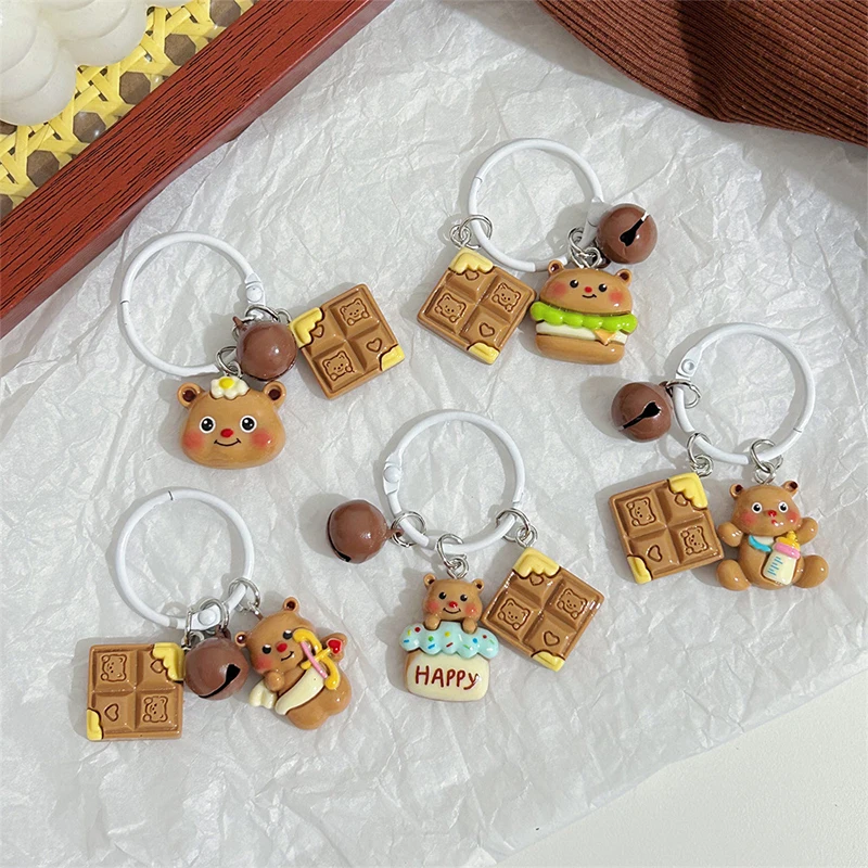 Cute Bear Coffee Color Keychain Bell Cookie Butter Bear Pendant Student Schoolbag Charms Cartoon Hanging Decor Gift