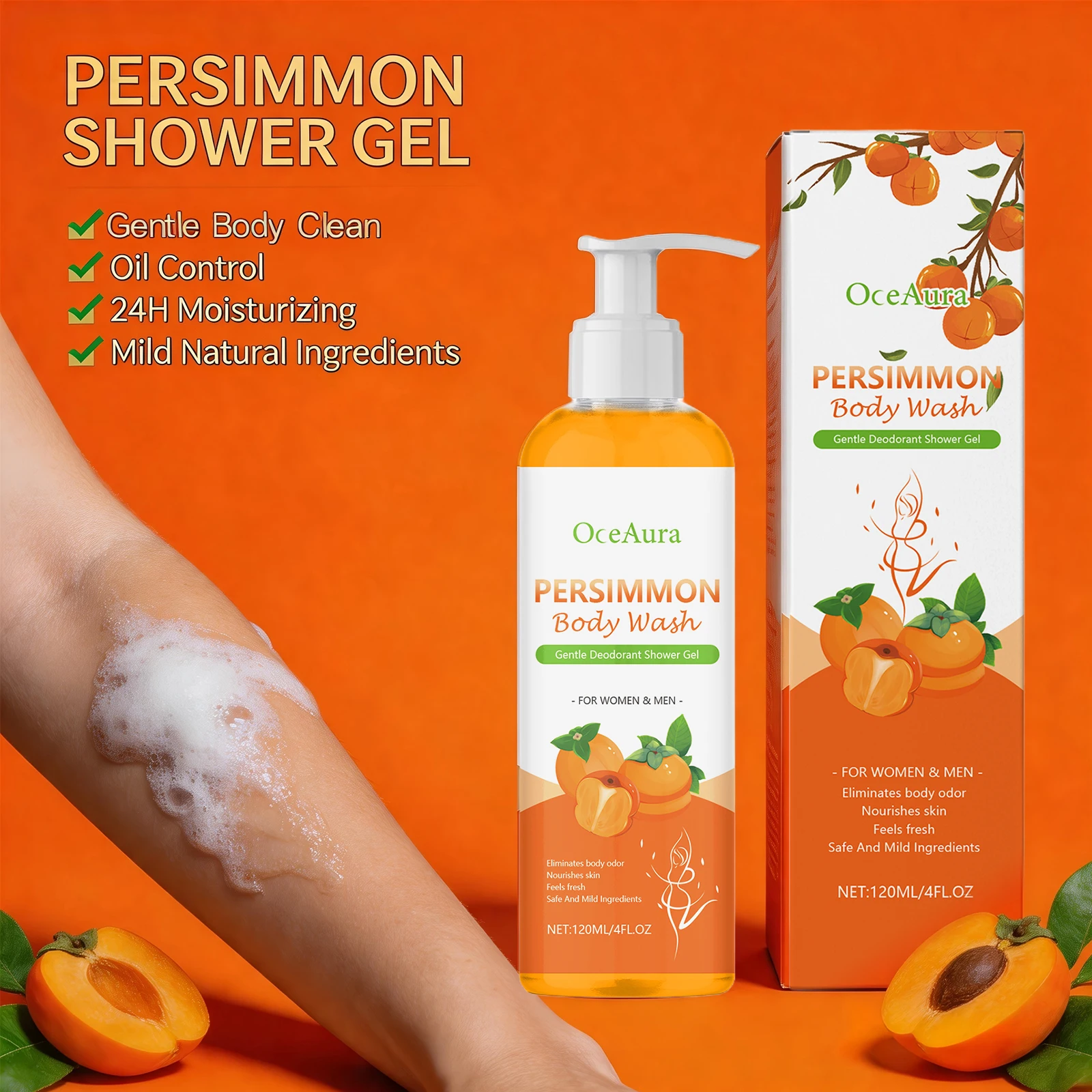 Persimmon Body Wash Exfoliating Oil Control Cleaning Skin Body Odor Remover Cool and Comfortable Shower Gel Bath Products