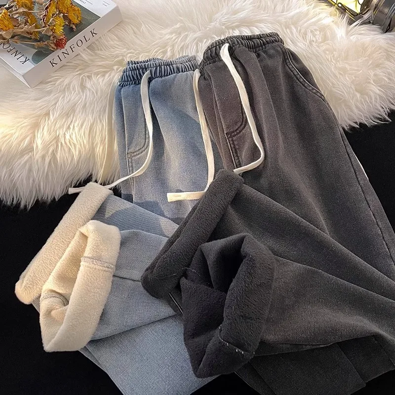 

Thiened Fce High Waist Dstring Corduroy Jeans Women's Warm Wide Leg Straight Cut Trousers Winter Slimming Loose Fit