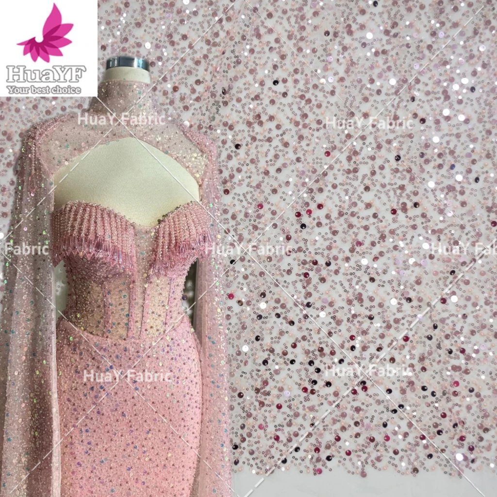 1 Yard Classic dusty pink African pearl lace fabric with sequined beads for lady romantic wedding dress HY1544