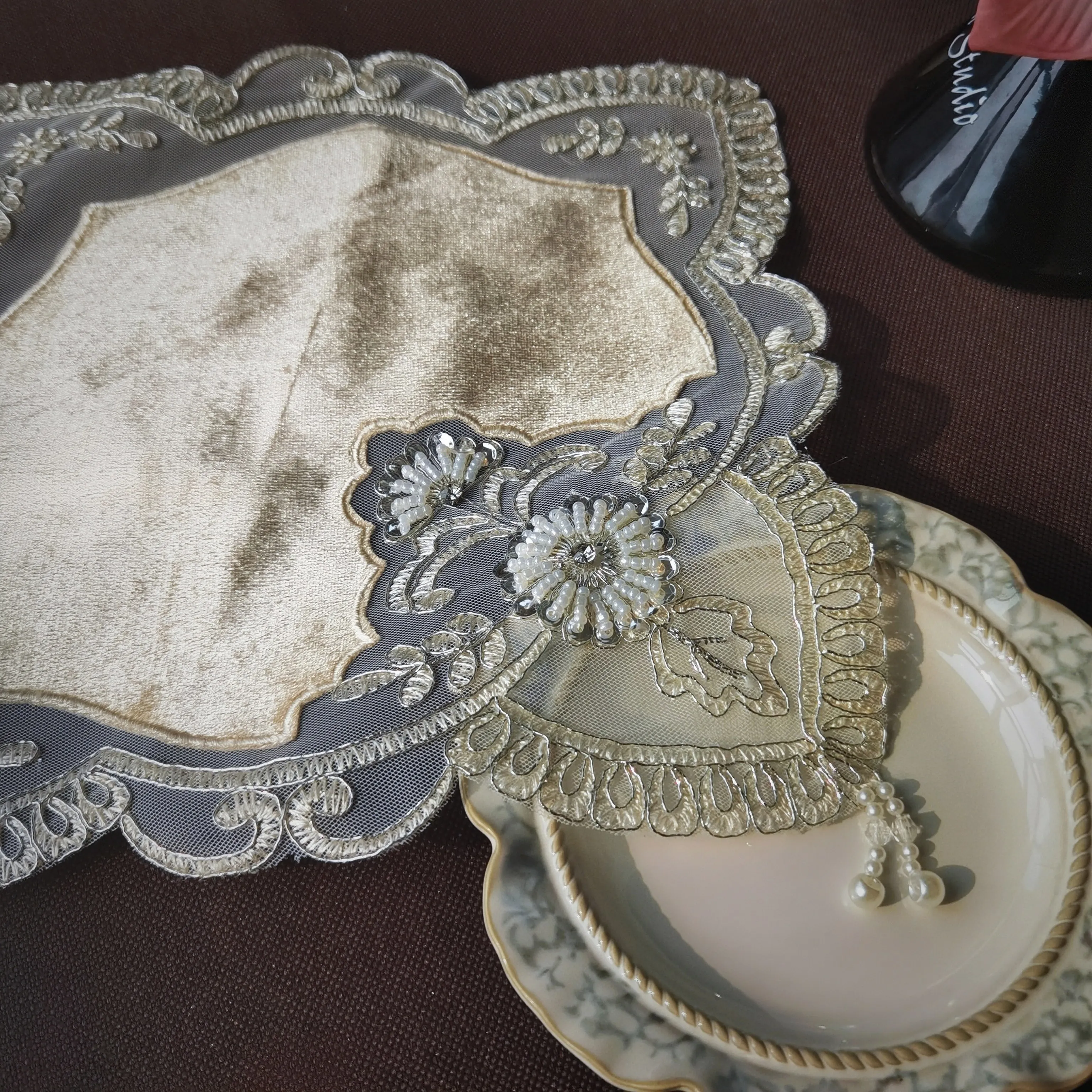 Individual Placemat Luxury Golden Dining Table Mat Coasters For Cups Vintage Beaded Table Mat Dining Table Center Decor view 5
