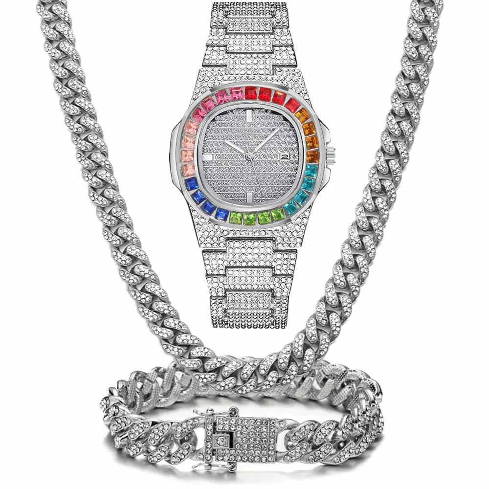 Necklace+Watch+Bracelet Hip Hop Miami Cuban Chain Gold Watch Men Colorful Iced Out Rhinestones Bling Women Men Jewelry Watches